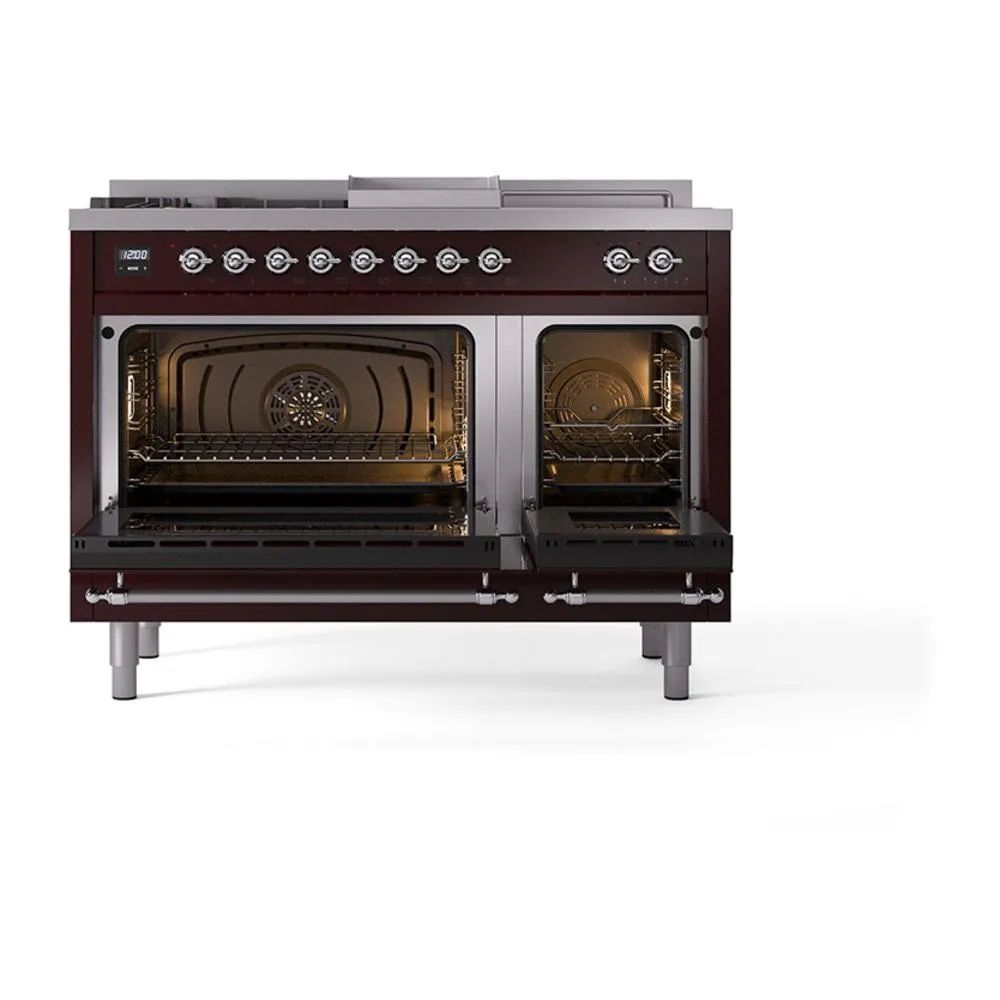 Ilve UN48FSQNMPBUC Ilve Un48Fsqnmpbuc Nostalgie Ii Noblesse 48" Dual Fuel Range (5 Sealed Burners   Griddle   French Top, Natural Gas, Solid Door, Burgundy, Chrome)