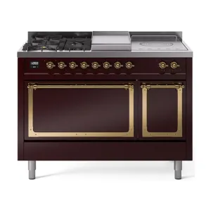 Ilve UN48FSQNMPBUGLP Ilve Un48Fsqnmpbuglp Nostalgie Ii Noblesse 48" Dual Fuel Range (5 Sealed Burners   Griddle   French Top, Liquid Propane, Solid Door, Burgundy, Brass)