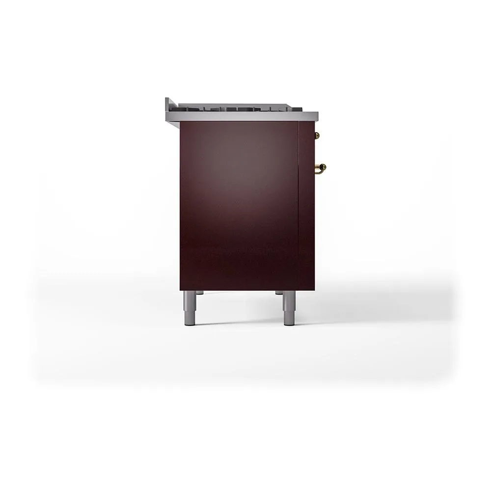 Ilve UN48FSQNMPBUGLP Ilve Un48Fsqnmpbuglp Nostalgie Ii Noblesse 48" Dual Fuel Range (5 Sealed Burners   Griddle   French Top, Liquid Propane, Solid Door, Burgundy, Brass)