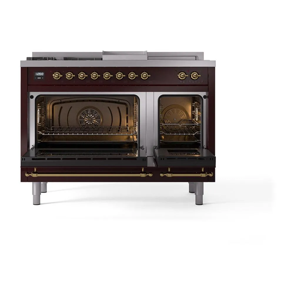 Ilve UN48FSQNMPBUGLP Ilve Un48Fsqnmpbuglp Nostalgie Ii Noblesse 48" Dual Fuel Range (5 Sealed Burners   Griddle   French Top, Liquid Propane, Solid Door, Burgundy, Brass)