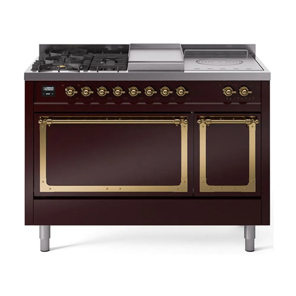 Ilve UN48FSQNMPBUGLP Ilve Un48Fsqnmpbuglp Nostalgie Ii Noblesse 48" Dual Fuel Range (5 Sealed Burners   Griddle   French Top, Liquid Propane, Solid Door, Burgundy, Brass)
