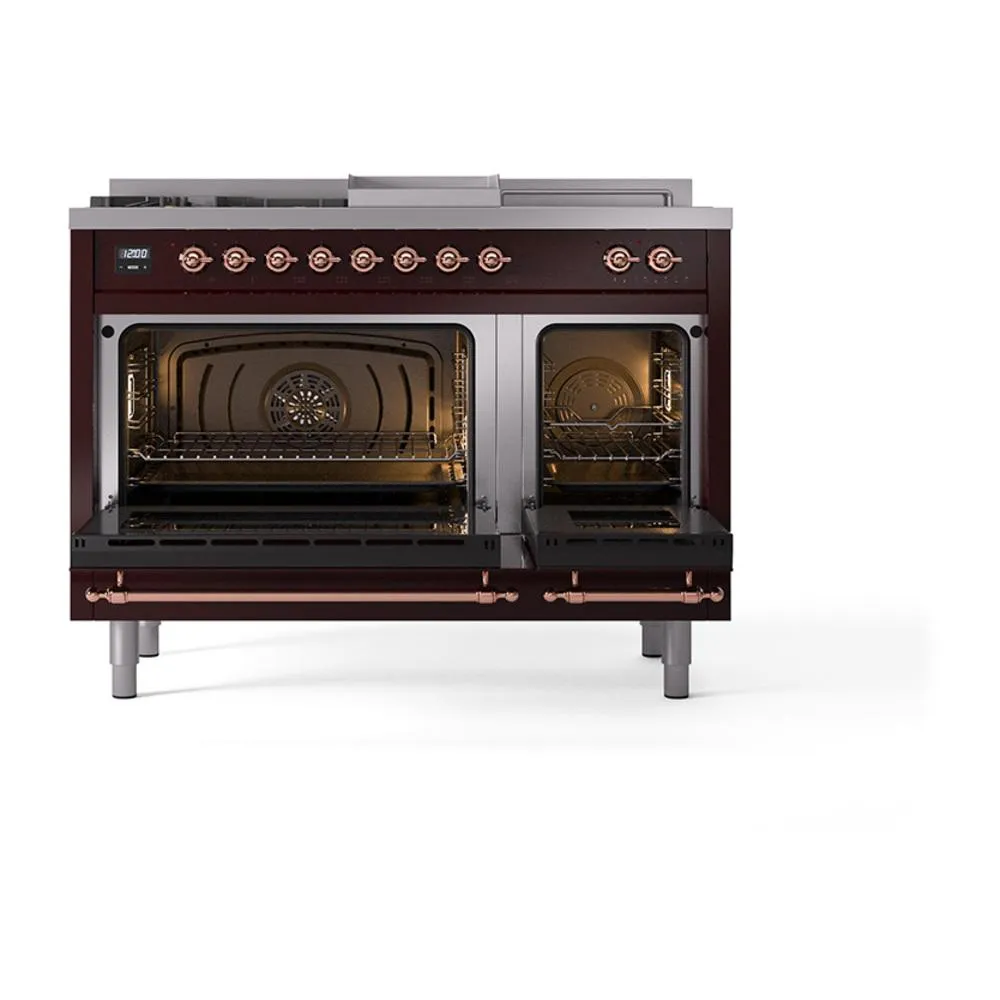 Ilve UN48FSQNMPBUP Ilve Un48Fsqnmpbup Nostalgie Ii Noblesse 48" Dual Fuel Range (5 Sealed Burners   Griddle   French Top, Natural Gas, Solid Door, Burgundy, Copper)