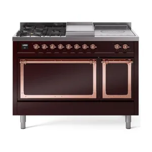 Ilve UN48FSQNMPBUP Ilve Un48Fsqnmpbup Nostalgie Ii Noblesse 48" Dual Fuel Range (5 Sealed Burners   Griddle   French Top, Natural Gas, Solid Door, Burgundy, Copper)