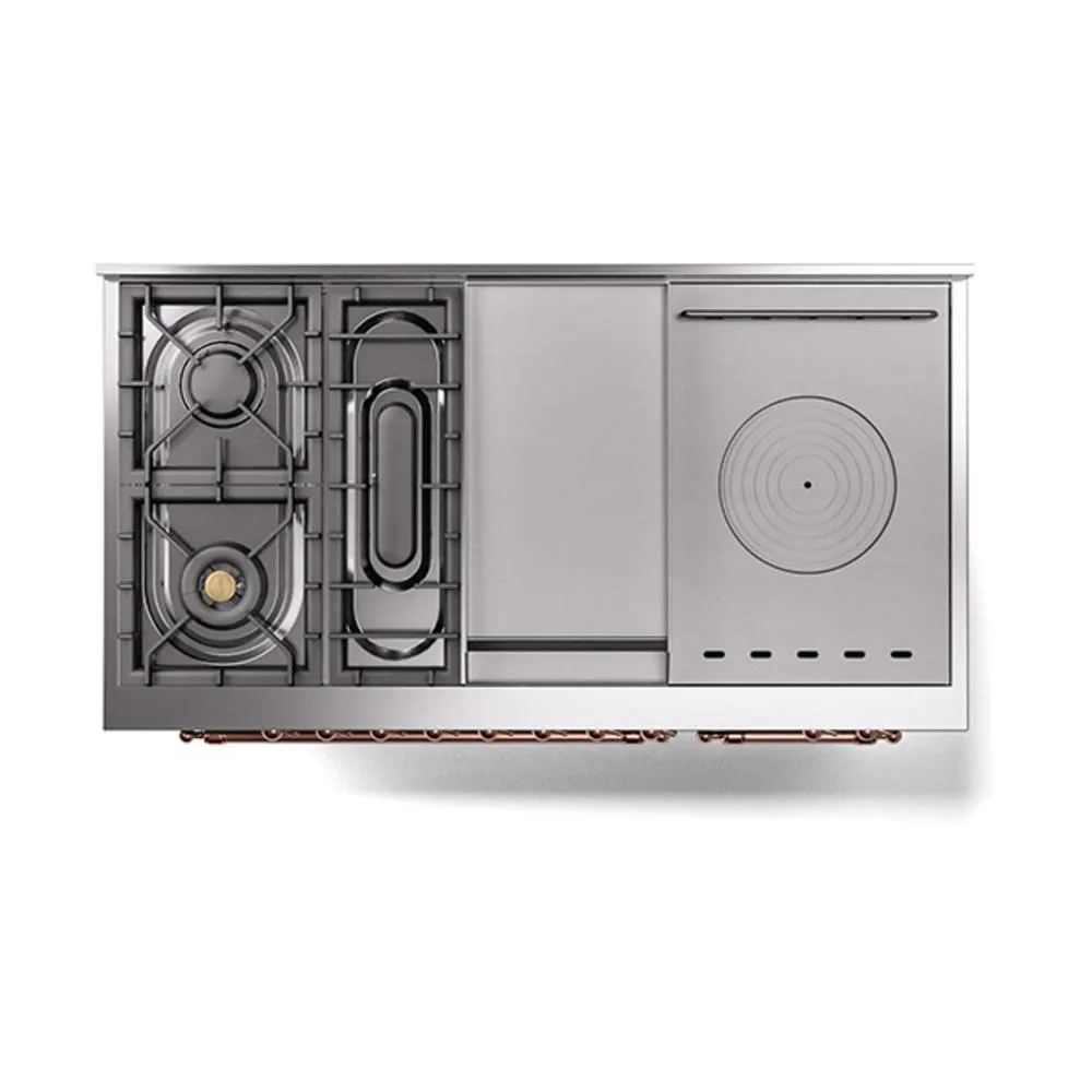 Ilve UN48FSQNMPBUPLP Ilve Un48Fsqnmpbuplp Nostalgie Ii Noblesse 48" Dual Fuel Range (5 Sealed Burners   Griddle   French Top, Liquid Propane, Solid Door, Burgundy, Copper)