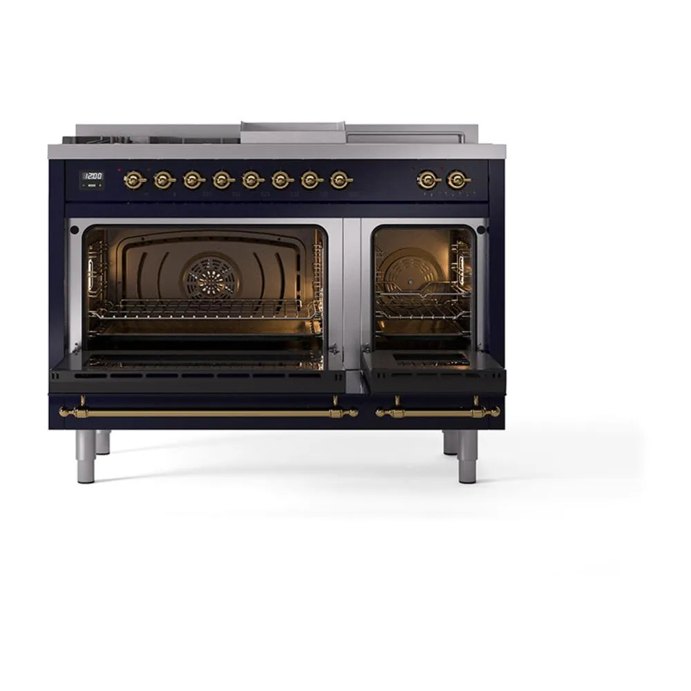 Ilve UN48FSQNMPMBGLP Ilve Un48Fsqnmpmbglp Nostalgie Ii Noblesse 48" Dual Fuel Range (5 Sealed Burners   Griddle   French Top, Liquid Propane, Solid Door, Midnight Blue, Brass)