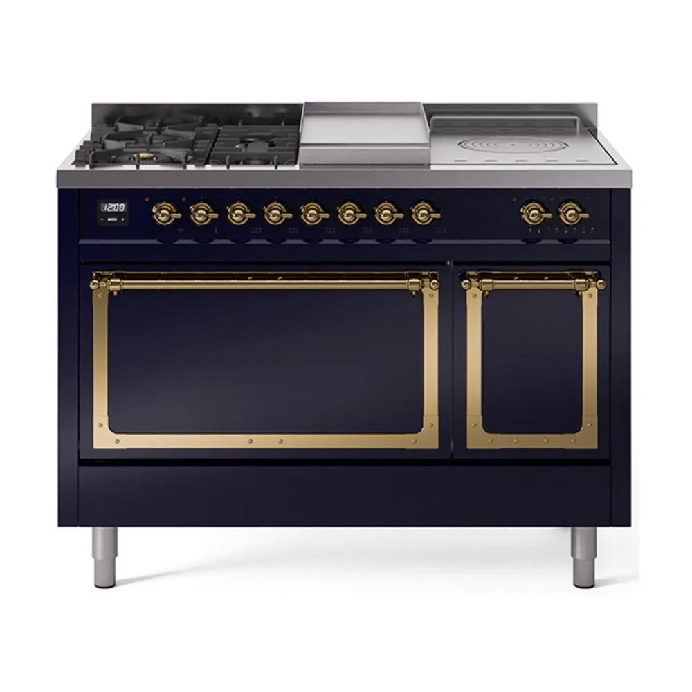 Ilve UN48FSQNMPMBGLP Ilve Un48Fsqnmpmbglp Nostalgie Ii Noblesse 48" Dual Fuel Range (5 Sealed Burners   Griddle   French Top, Liquid Propane, Solid Door, Midnight Blue, Brass)