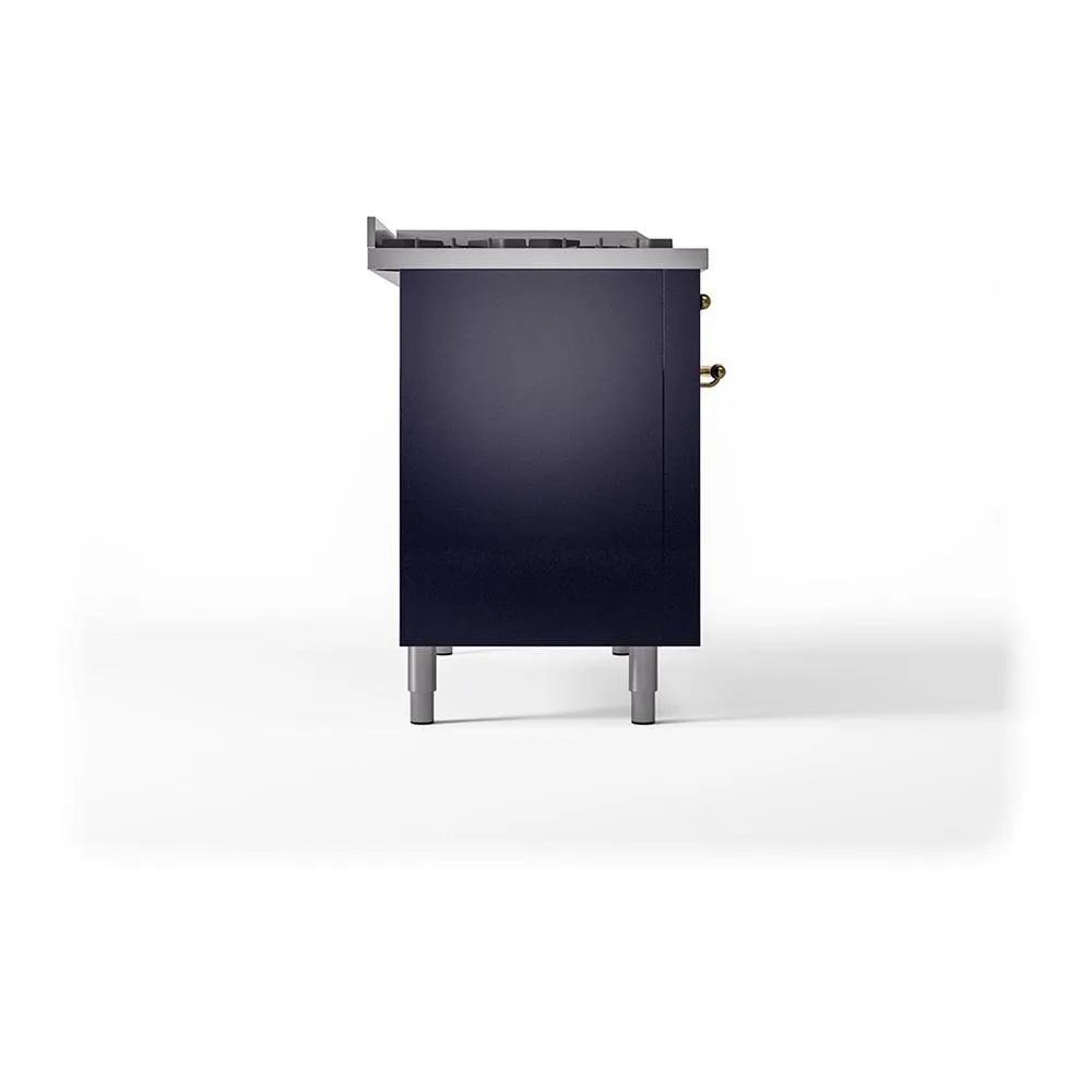 Ilve UN48FSQNMPMBGLP Ilve Un48Fsqnmpmbglp Nostalgie Ii Noblesse 48" Dual Fuel Range (5 Sealed Burners   Griddle   French Top, Liquid Propane, Solid Door, Midnight Blue, Brass)