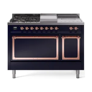 Ilve UN48FSQNMPMBPLP Ilve Un48Fsqnmpmbplp Nostalgie Ii Noblesse 48" Dual Fuel Range (5 Sealed Burners   Griddle   French Top, Liquid Propane, Solid Door, Midnight Blue, Copper)
