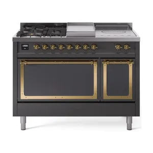 Ilve UN48FSQNMPMGGLP Ilve Un48Fsqnmpmgglp Nostalgie Ii Noblesse 48" Dual Fuel Range (5 Sealed Burners   Griddle   French Top, Liquid Propane, Solid Door, Graphite Matte, Brass)