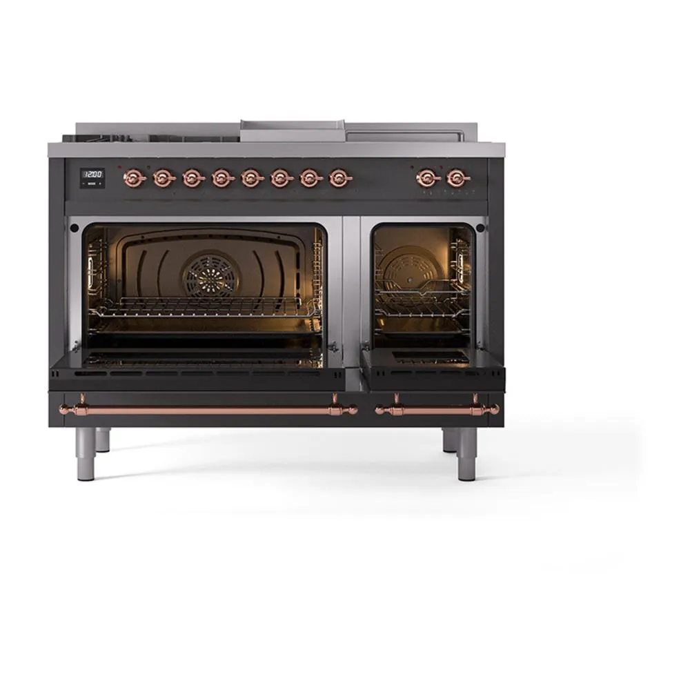 Ilve UN48FSQNMPMGPLP Ilve Un48Fsqnmpmgplp Nostalgie Ii Noblesse 48" Dual Fuel Range (5 Sealed Burners   Griddle   French Top, Liquid Propane, Solid Door, Graphite Matte, Copper)