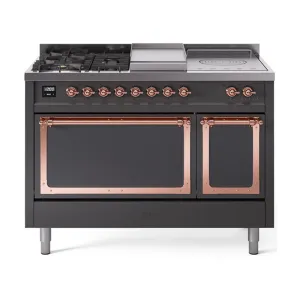 Ilve UN48FSQNMPMGPLP Ilve Un48Fsqnmpmgplp Nostalgie Ii Noblesse 48" Dual Fuel Range (5 Sealed Burners   Griddle   French Top, Liquid Propane, Solid Door, Graphite Matte, Copper)
