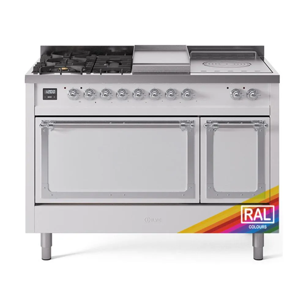 Ilve UN48FSQNMPRAC Ilve Un48Fsqnmprac Nostalgie Ii Noblesse 48" Dual Fuel Range (5 Sealed Burners   Griddle   French Top, Natural Gas, Solid Door, Ral, Chrome)