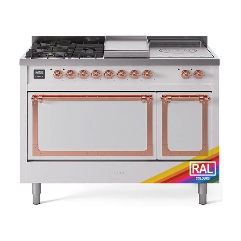 Ilve UN48FSQNMPRAPLP Ilve Un48Fsqnmpraplp Nostalgie Ii Noblesse 48" Dual Fuel Range (5 Sealed Burners   Griddle   French Top, Liquid Propane, Solid Door, Ral, Copper)