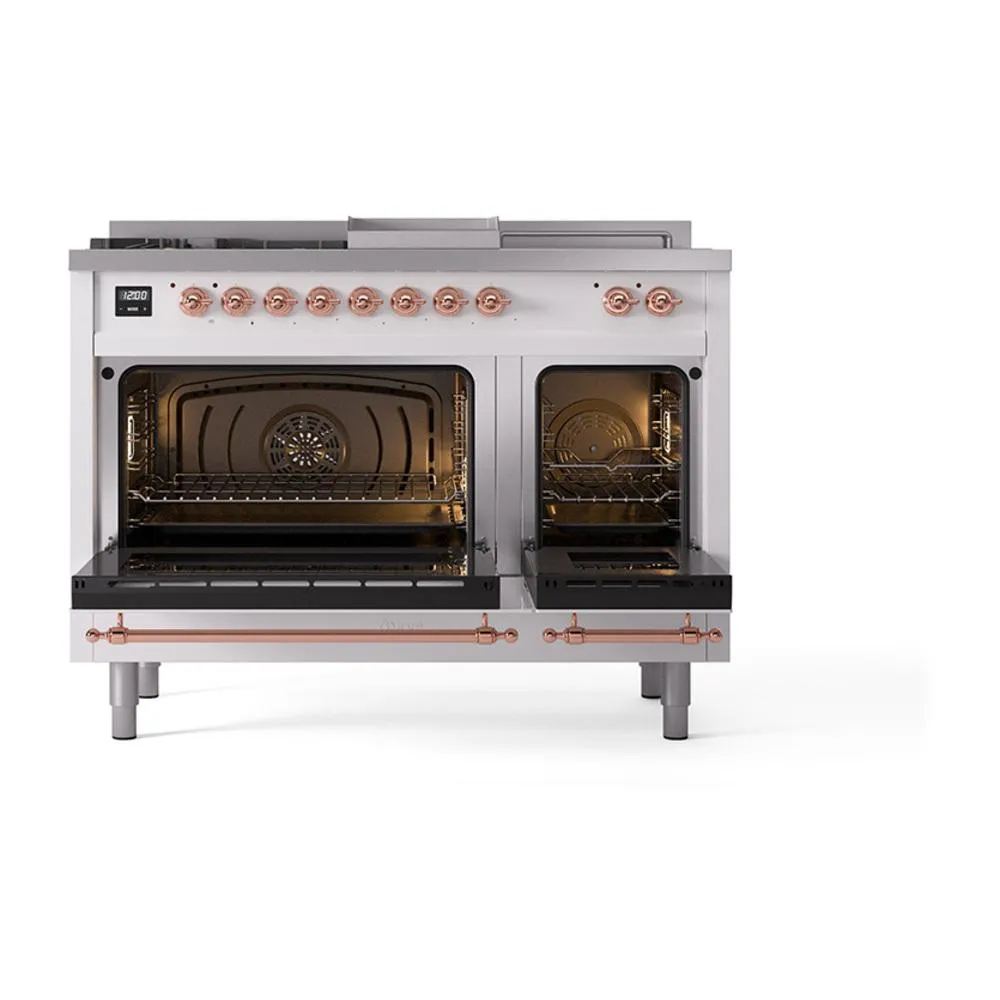 Ilve UN48FSQNMPRAPLP Ilve Un48Fsqnmpraplp Nostalgie Ii Noblesse 48" Dual Fuel Range (5 Sealed Burners   Griddle   French Top, Liquid Propane, Solid Door, Ral, Copper)