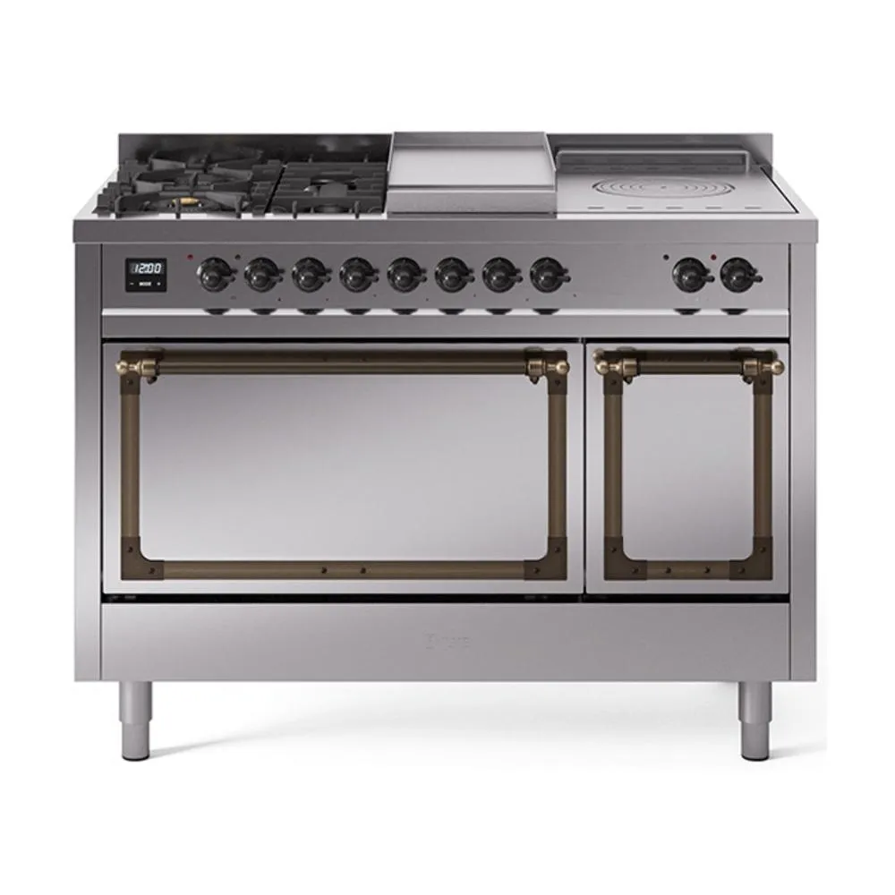 Ilve UN48FSQNMPSSBLP Ilve Un48Fsqnmpssblp Nostalgie Ii Noblesse 48" Dual Fuel Range (5 Sealed Burners   Griddle   French Top, Liquid Propane, Solid Door, Stainless Steel, Burnished)
