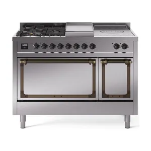 Ilve UN48FSQNMPSSBLP Ilve Un48Fsqnmpssblp Nostalgie Ii Noblesse 48" Dual Fuel Range (5 Sealed Burners   Griddle   French Top, Liquid Propane, Solid Door, Stainless Steel, Burnished)