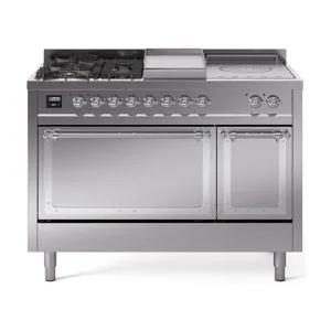 Ilve UN48FSQNMPSSC Ilve Un48Fsqnmpssc Nostalgie Ii Noblesse 48" Dual Fuel Range (5 Sealed Burners   Griddle   French Top, Natural Gas, Solid Door, Stainless Steel, Chrome)