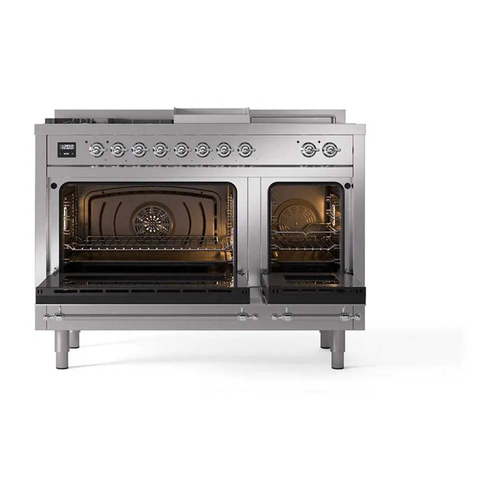 Ilve UN48FSQNMPSSC Ilve Un48Fsqnmpssc Nostalgie Ii Noblesse 48" Dual Fuel Range (5 Sealed Burners   Griddle   French Top, Natural Gas, Solid Door, Stainless Steel, Chrome)