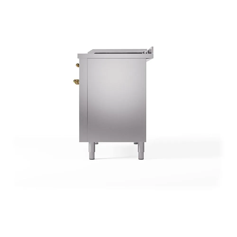 Ilve UN48FSQNMPSSG Ilve Un48Fsqnmpssg Nostalgie Ii Noblesse 48" Dual Fuel Range (5 Sealed Burners   Griddle   French Top, Natural Gas, Solid Door, Stainless Steel, Brass)