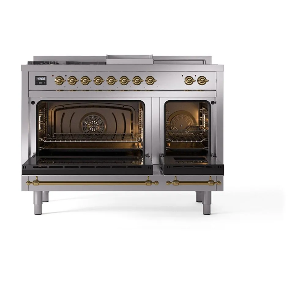 Ilve UN48FSQNMPSSG Ilve Un48Fsqnmpssg Nostalgie Ii Noblesse 48" Dual Fuel Range (5 Sealed Burners   Griddle   French Top, Natural Gas, Solid Door, Stainless Steel, Brass)
