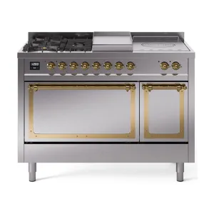 Ilve UN48FSQNMPSSG Ilve Un48Fsqnmpssg Nostalgie Ii Noblesse 48" Dual Fuel Range (5 Sealed Burners   Griddle   French Top, Natural Gas, Solid Door, Stainless Steel, Brass)