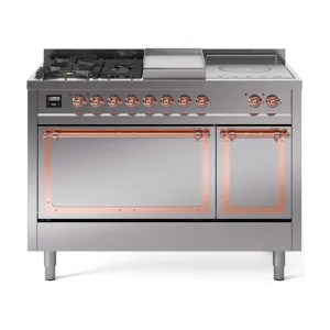 Ilve UN48FSQNMPSSP Ilve Un48Fsqnmpssp Nostalgie Ii Noblesse 48" Dual Fuel Range (5 Sealed Burners   Griddle   French Top, Natural Gas, Solid Door, Stainless Steel, Copper)