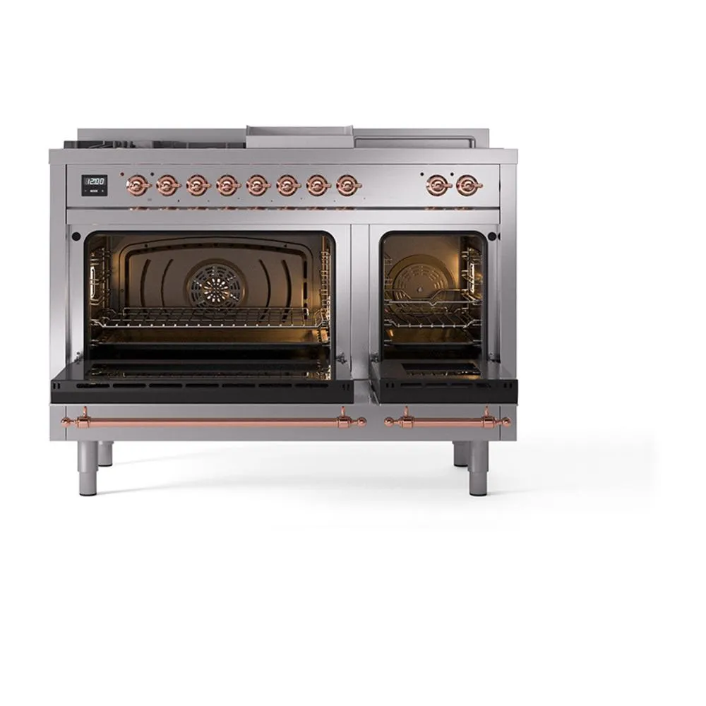 Ilve UN48FSQNMPSSP Ilve Un48Fsqnmpssp Nostalgie Ii Noblesse 48" Dual Fuel Range (5 Sealed Burners   Griddle   French Top, Natural Gas, Solid Door, Stainless Steel, Copper)