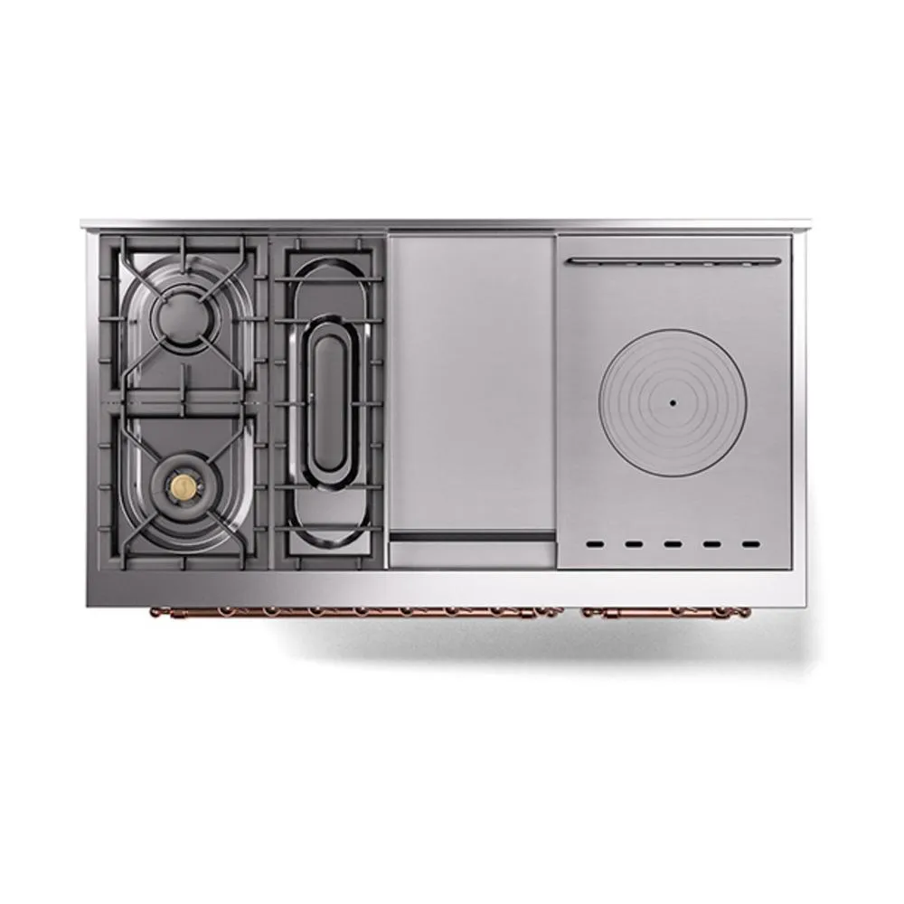 Ilve UN48FSQNMPSSP Ilve Un48Fsqnmpssp Nostalgie Ii Noblesse 48" Dual Fuel Range (5 Sealed Burners   Griddle   French Top, Natural Gas, Solid Door, Stainless Steel, Copper)