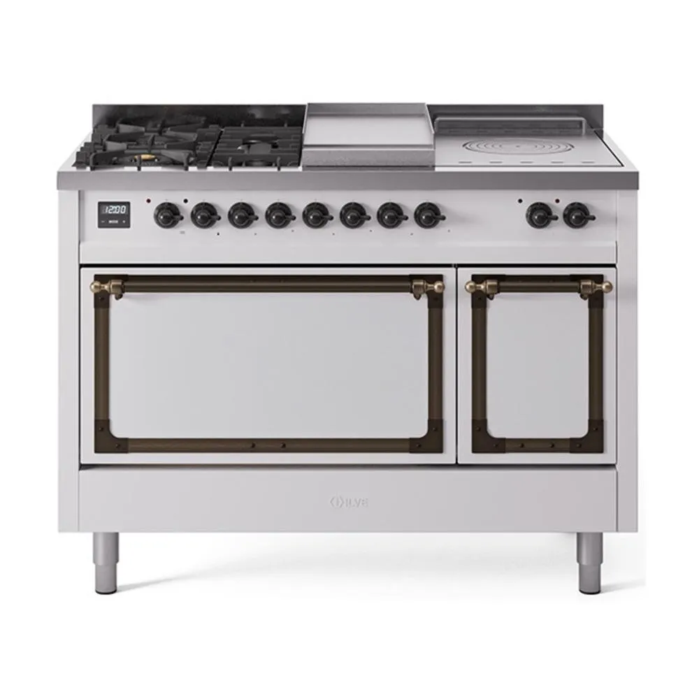 Ilve UN48FSQNMPWHBLP Ilve Un48Fsqnmpwhblp Nostalgie Ii Noblesse 48" Dual Fuel Range (5 Sealed Burners   Griddle   French Top, Liquid Propane, Solid Door, White, Burnished)