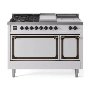 Ilve UN48FSQNMPWHBLP Ilve Un48Fsqnmpwhblp Nostalgie Ii Noblesse 48" Dual Fuel Range (5 Sealed Burners   Griddle   French Top, Liquid Propane, Solid Door, White, Burnished)
