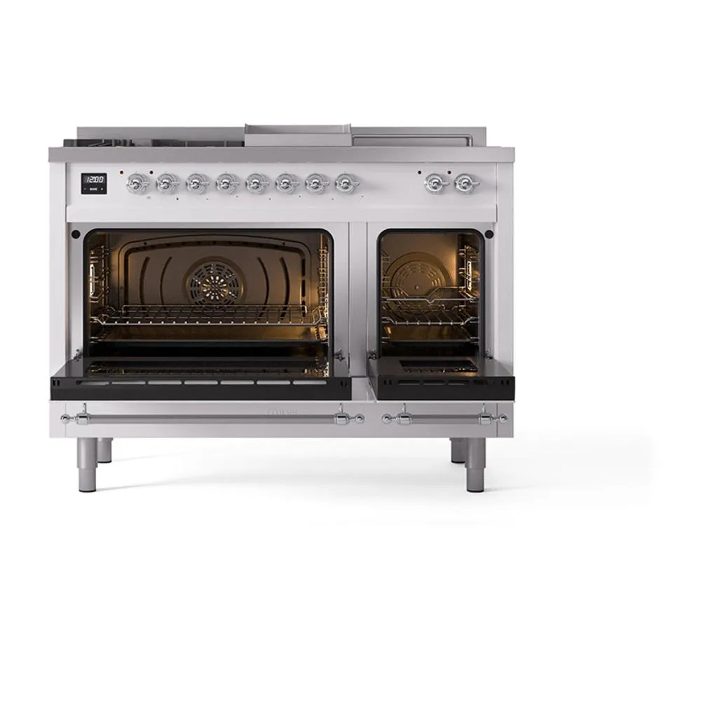 Ilve UN48FSQNMPWHCLP Ilve Un48Fsqnmpwhclp Nostalgie Ii Noblesse 48" Dual Fuel Range (5 Sealed Burners   Griddle   French Top, Liquid Propane, Solid Door, White, Chrome)