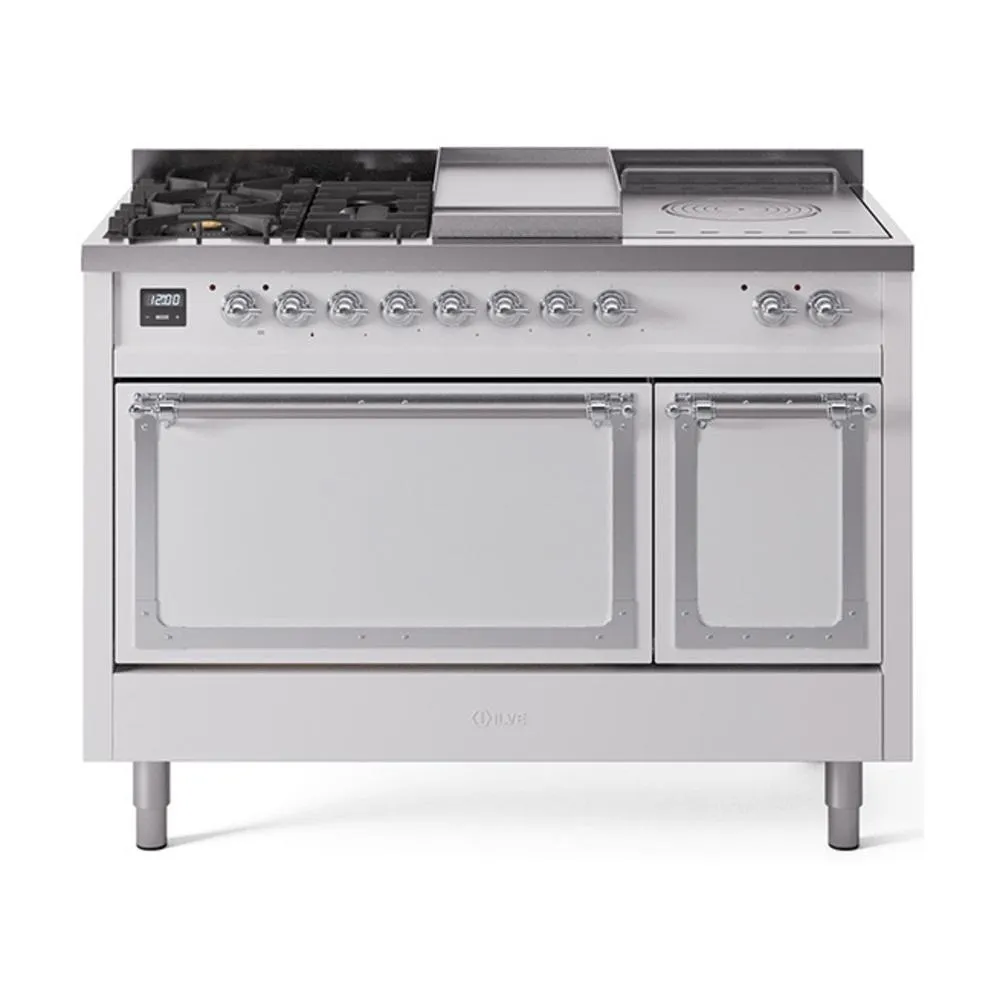 Ilve UN48FSQNMPWHCLP Ilve Un48Fsqnmpwhclp Nostalgie Ii Noblesse 48" Dual Fuel Range (5 Sealed Burners   Griddle   French Top, Liquid Propane, Solid Door, White, Chrome)