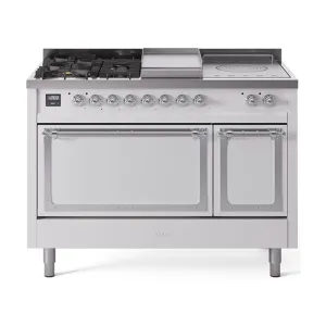 Ilve UN48FSQNMPWHCLP Ilve Un48Fsqnmpwhclp Nostalgie Ii Noblesse 48" Dual Fuel Range (5 Sealed Burners   Griddle   French Top, Liquid Propane, Solid Door, White, Chrome)