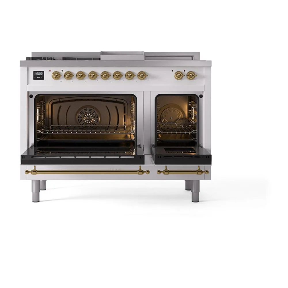 Ilve UN48FSQNMPWHGLP Ilve Un48Fsqnmpwhglp Nostalgie Ii Noblesse 48" Dual Fuel Range (5 Sealed Burners   Griddle   French Top, Liquid Propane, Solid Door, White, Brass)