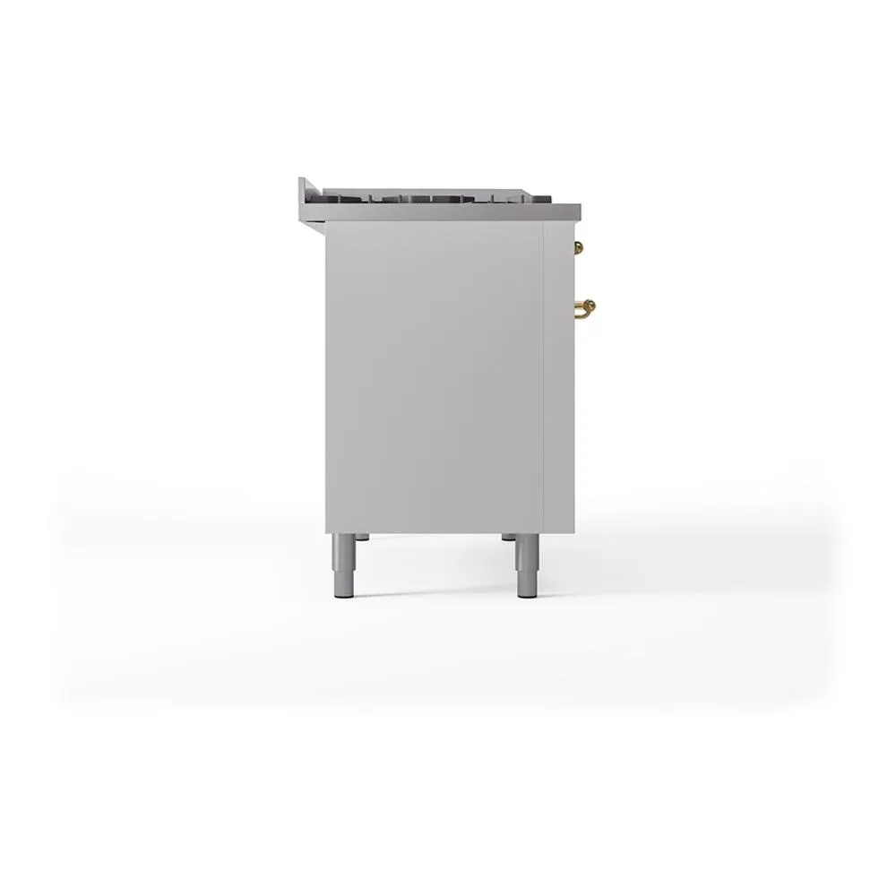 Ilve UN48FSQNMPWHGLP Ilve Un48Fsqnmpwhglp Nostalgie Ii Noblesse 48" Dual Fuel Range (5 Sealed Burners   Griddle   French Top, Liquid Propane, Solid Door, White, Brass)
