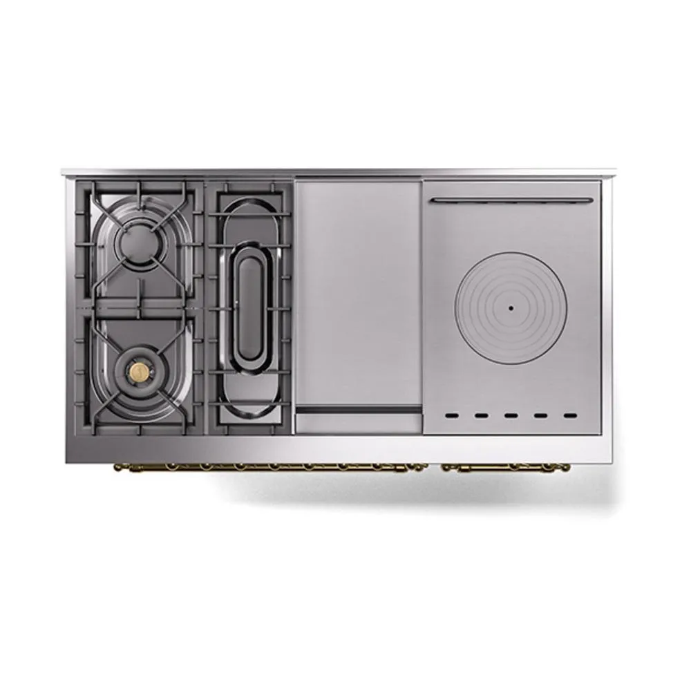Ilve UN48FSQNMPWHGLP Ilve Un48Fsqnmpwhglp Nostalgie Ii Noblesse 48" Dual Fuel Range (5 Sealed Burners   Griddle   French Top, Liquid Propane, Solid Door, White, Brass)