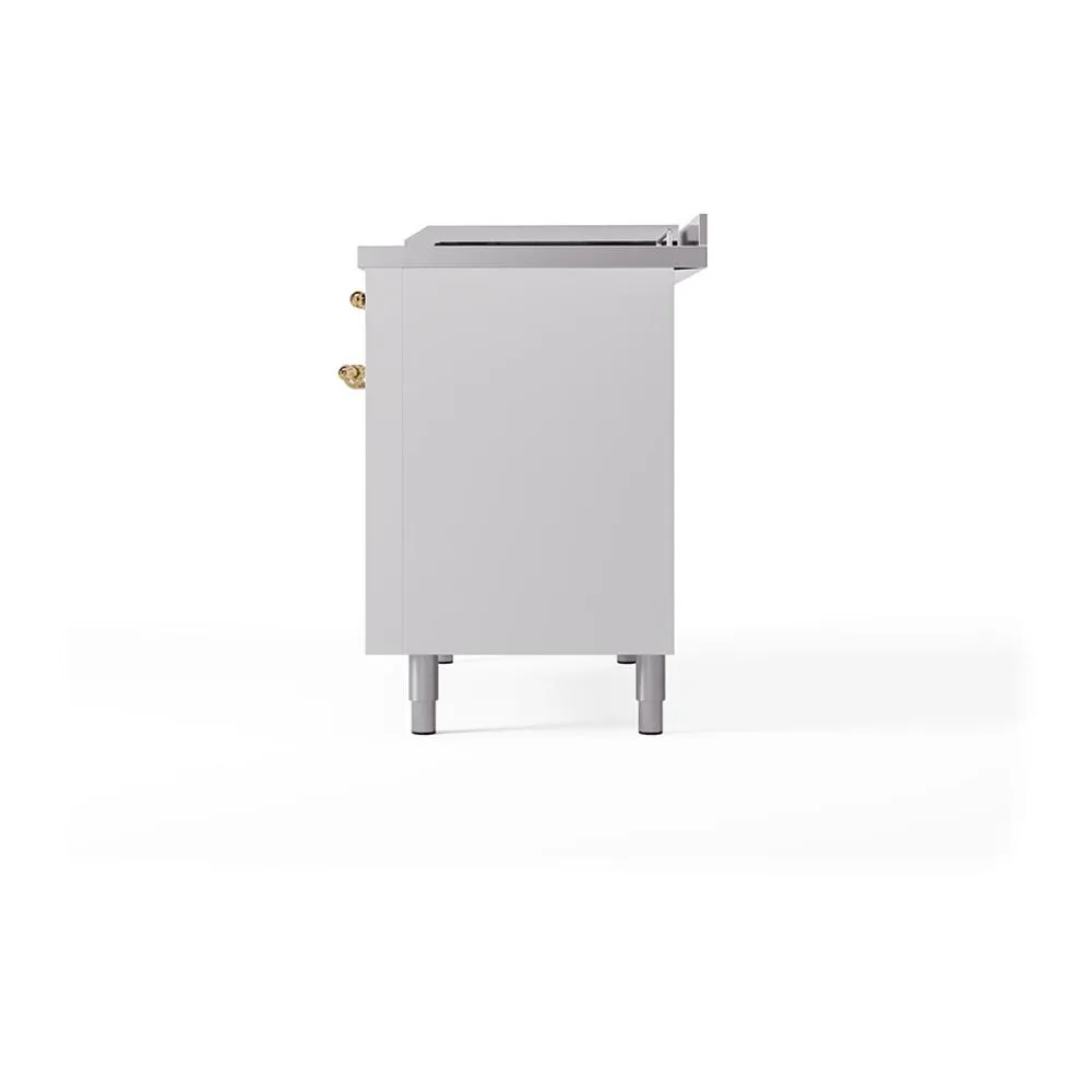 Ilve UN48FSQNMPWHGLP Ilve Un48Fsqnmpwhglp Nostalgie Ii Noblesse 48" Dual Fuel Range (5 Sealed Burners   Griddle   French Top, Liquid Propane, Solid Door, White, Brass)