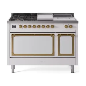 Ilve UN48FSQNMPWHGLP Ilve Un48Fsqnmpwhglp Nostalgie Ii Noblesse 48" Dual Fuel Range (5 Sealed Burners   Griddle   French Top, Liquid Propane, Solid Door, White, Brass)
