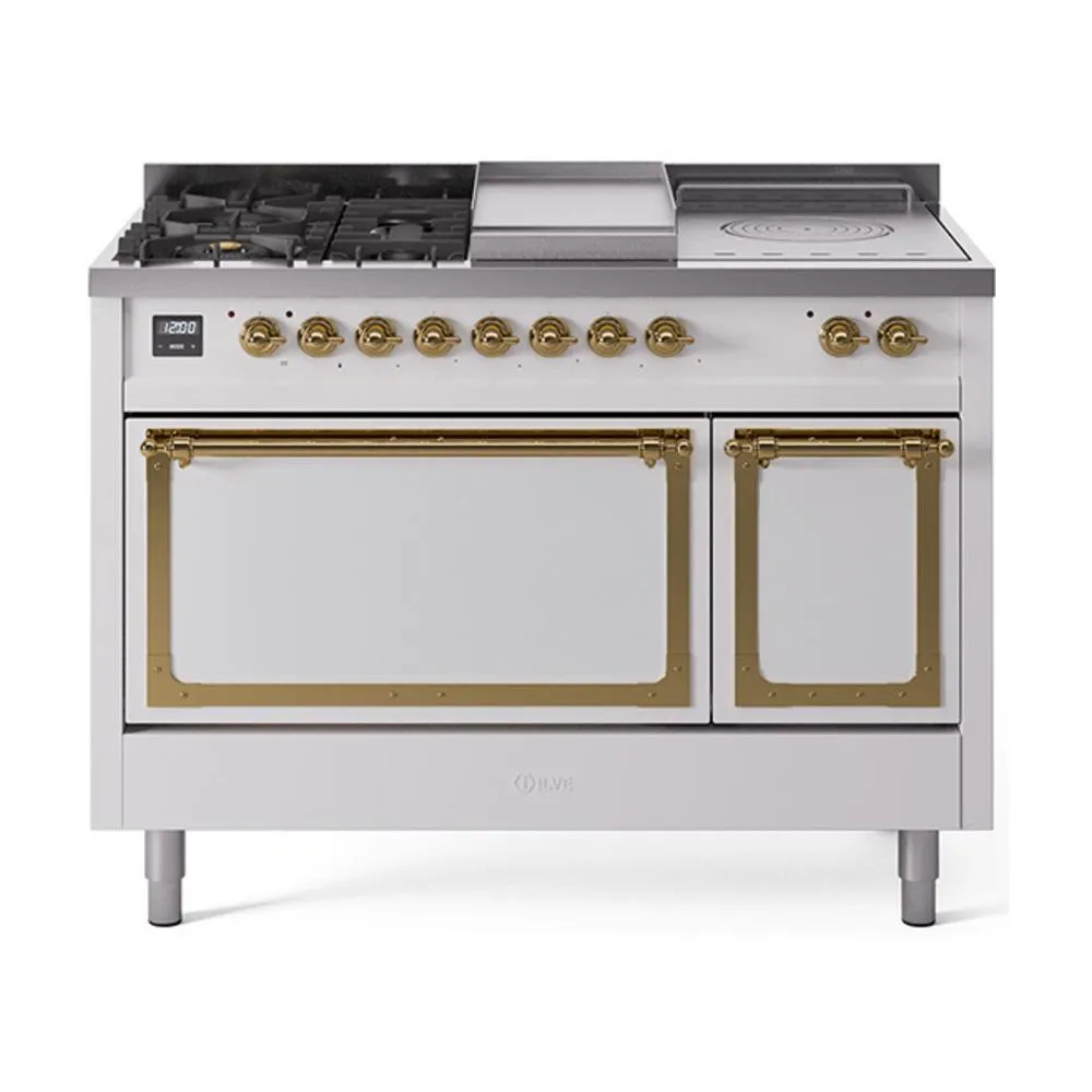 Ilve UN48FSQNMPWHGLP Ilve Un48Fsqnmpwhglp Nostalgie Ii Noblesse 48" Dual Fuel Range (5 Sealed Burners   Griddle   French Top, Liquid Propane, Solid Door, White, Brass)