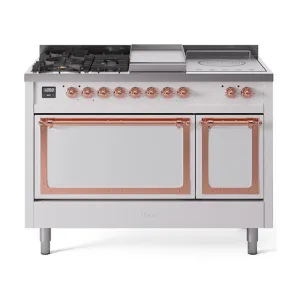 Ilve UN48FSQNMPWHPLP Ilve Un48Fsqnmpwhplp Nostalgie Ii Noblesse 48" Dual Fuel Range (5 Sealed Burners   Griddle   French Top, Liquid Propane, Solid Door, White, Copper)