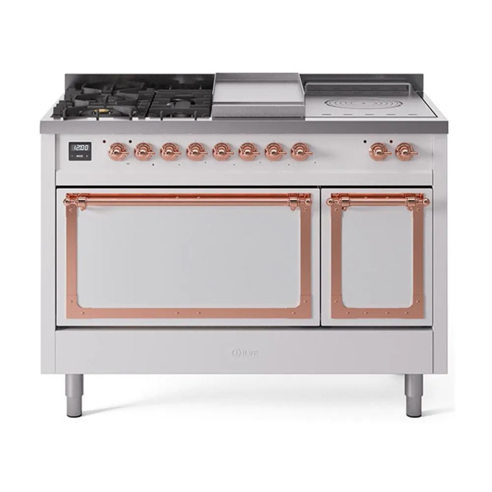 Ilve UN48FSQNMPWHPLP Ilve Un48Fsqnmpwhplp Nostalgie Ii Noblesse 48" Dual Fuel Range (5 Sealed Burners   Griddle   French Top, Liquid Propane, Solid Door, White, Copper)