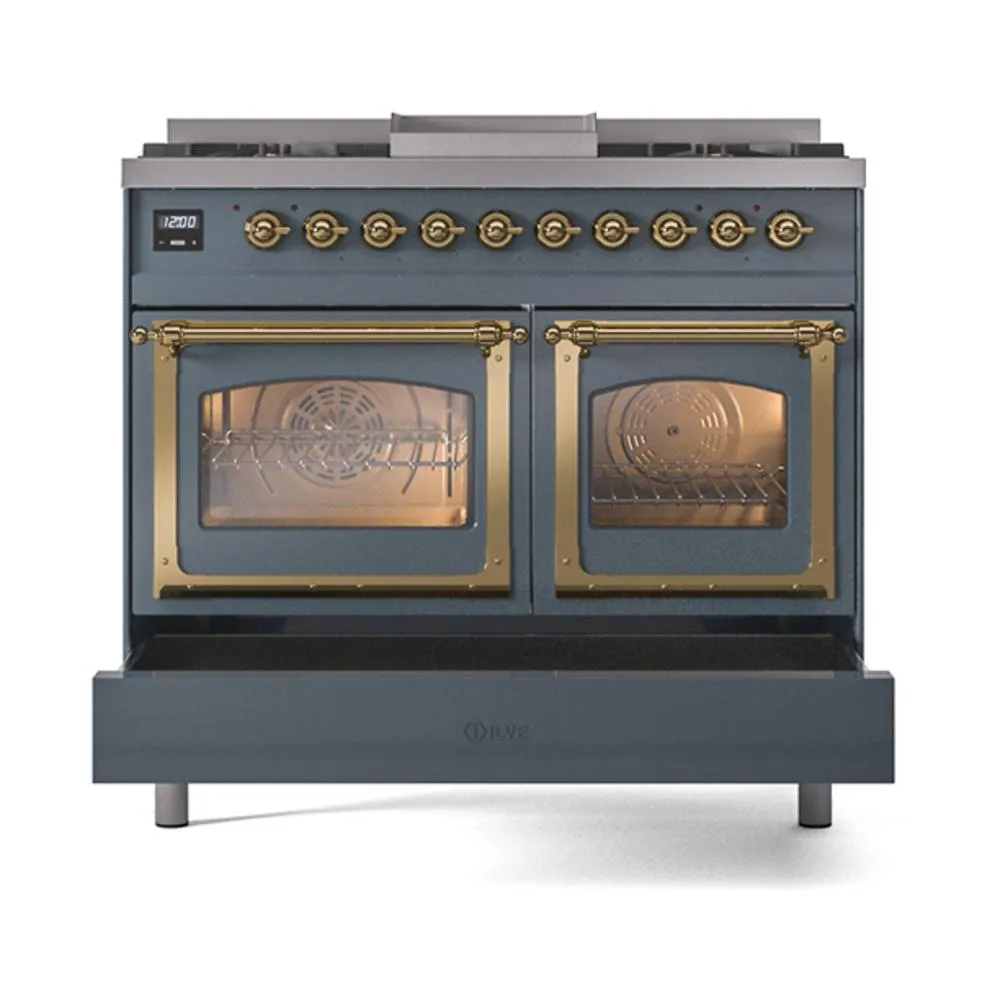 Ilve UND40FNMPBGGLP Ilve Und40Fnmpbgglp Nostalgie Ii Noblesse 40" Dual Fuel Range (Liquid Propane, Triple Glass Door, Blue Grey, Brass)