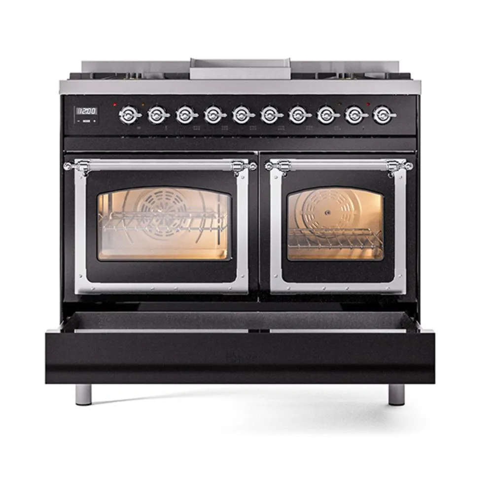 Ilve UND40FNMPBKCLP Ilve Und40Fnmpbkclp Nostalgie Ii Noblesse 40" Dual Fuel Range (Liquid Propane, Triple Glass Door, Glossy Black, Chrome)