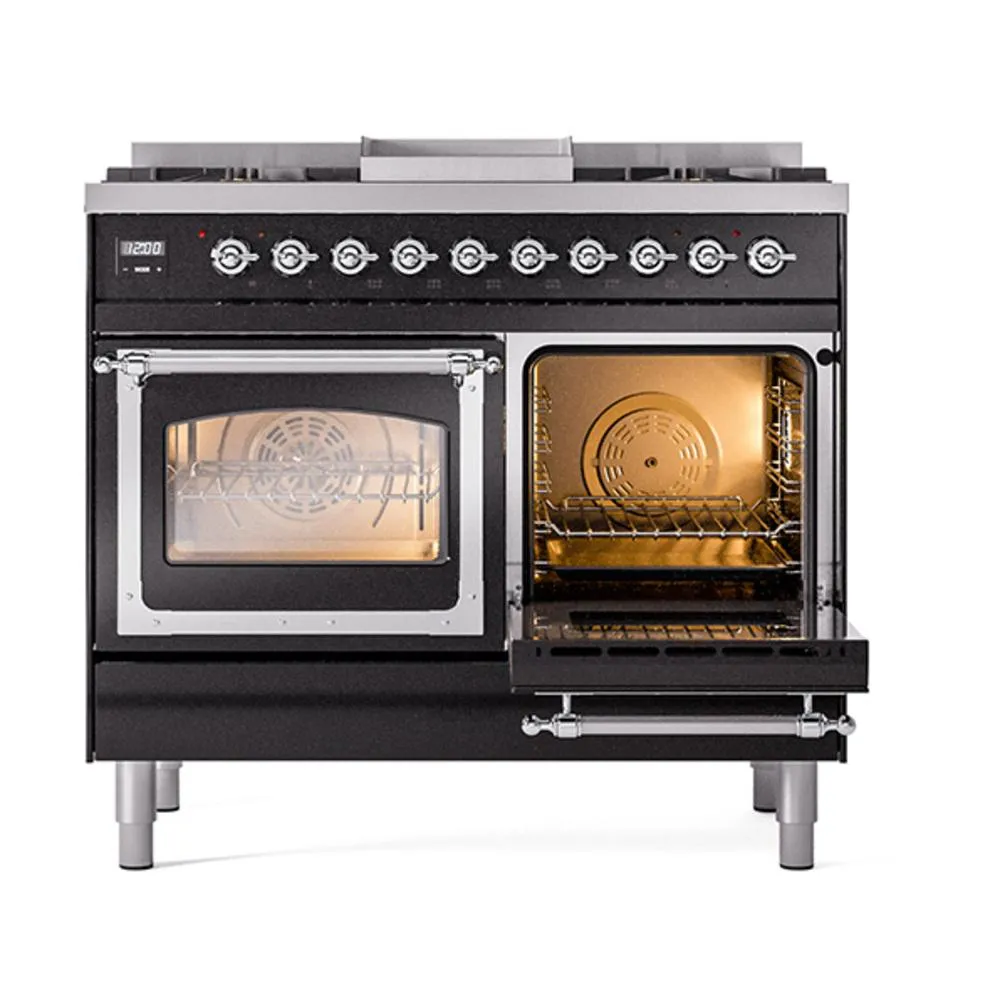 Ilve UND40FNMPBKCLP Ilve Und40Fnmpbkclp Nostalgie Ii Noblesse 40" Dual Fuel Range (Liquid Propane, Triple Glass Door, Glossy Black, Chrome)