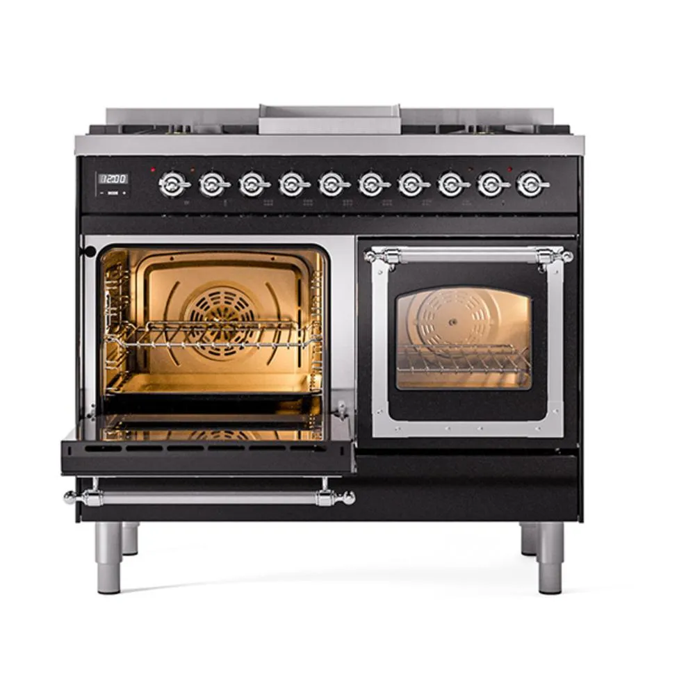 Ilve UND40FNMPBKCLP Ilve Und40Fnmpbkclp Nostalgie Ii Noblesse 40" Dual Fuel Range (Liquid Propane, Triple Glass Door, Glossy Black, Chrome)