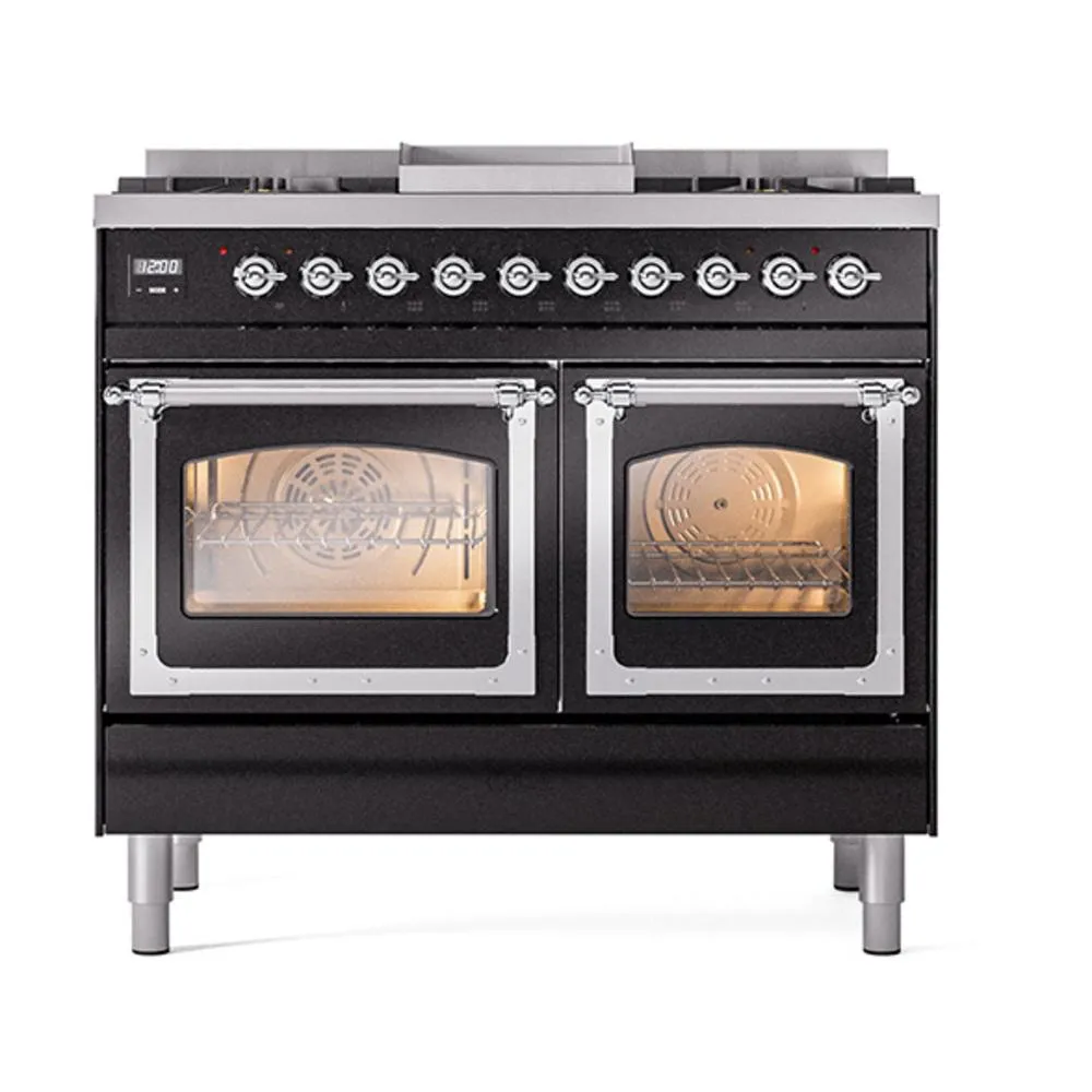 Ilve UND40FNMPBKCLP Ilve Und40Fnmpbkclp Nostalgie Ii Noblesse 40" Dual Fuel Range (Liquid Propane, Triple Glass Door, Glossy Black, Chrome)