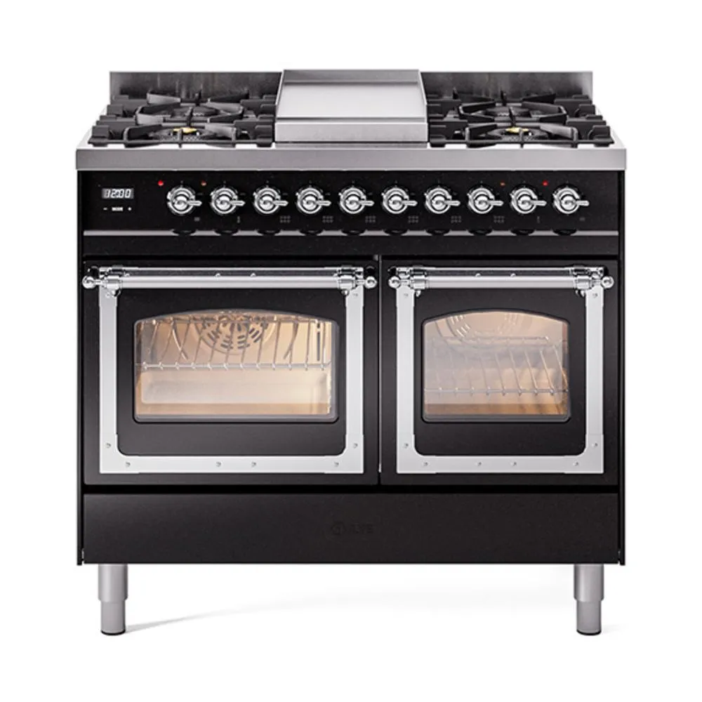 Ilve UND40FNMPBKCLP Ilve Und40Fnmpbkclp Nostalgie Ii Noblesse 40" Dual Fuel Range (Liquid Propane, Triple Glass Door, Glossy Black, Chrome)