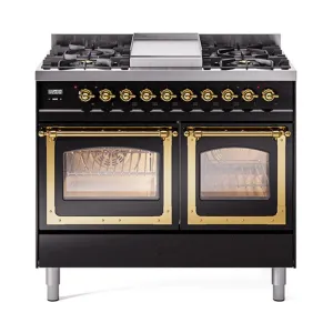 Ilve UND40FNMPBKGLP Ilve Und40Fnmpbkglp Nostalgie Ii Noblesse 40" Dual Fuel Range (Liquid Propane, Triple Glass Door, Glossy Black, Brass)
