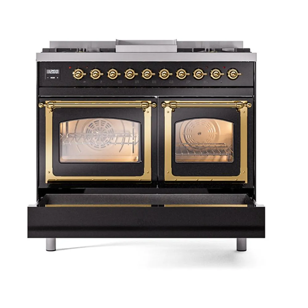 Ilve UND40FNMPBKGLP Ilve Und40Fnmpbkglp Nostalgie Ii Noblesse 40" Dual Fuel Range (Liquid Propane, Triple Glass Door, Glossy Black, Brass)