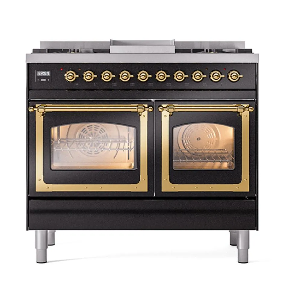 Ilve UND40FNMPBKGLP Ilve Und40Fnmpbkglp Nostalgie Ii Noblesse 40" Dual Fuel Range (Liquid Propane, Triple Glass Door, Glossy Black, Brass)